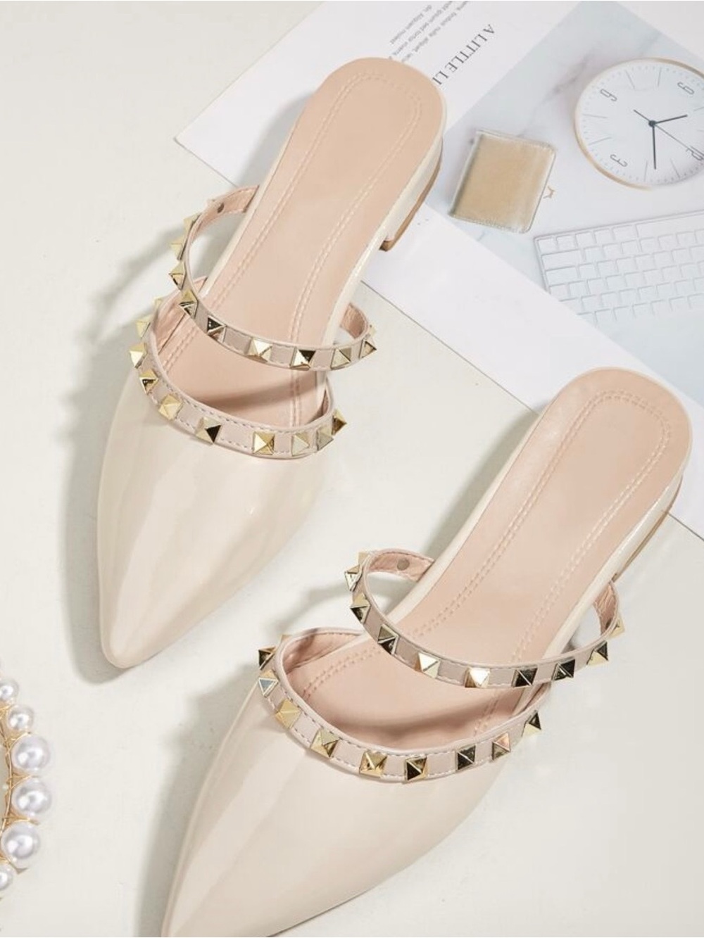 Pointed-Toe Studded Slip-On Mules in Nude
